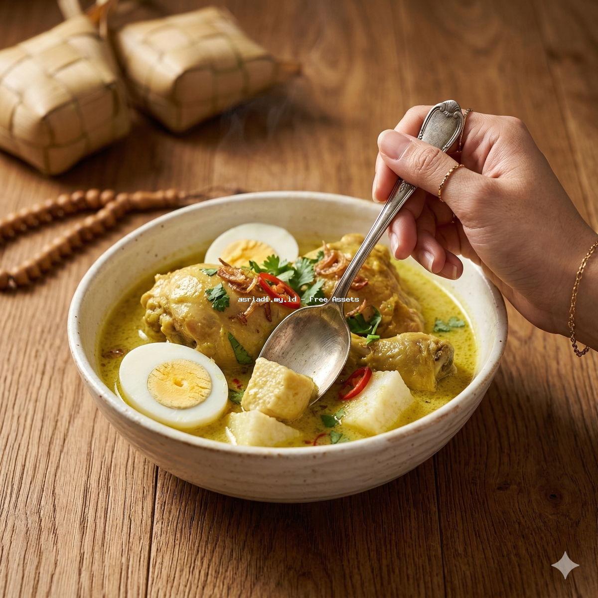 Close-up Lezat Opor Ayam Kuah Santan Gurih di Atas Meja Kayu