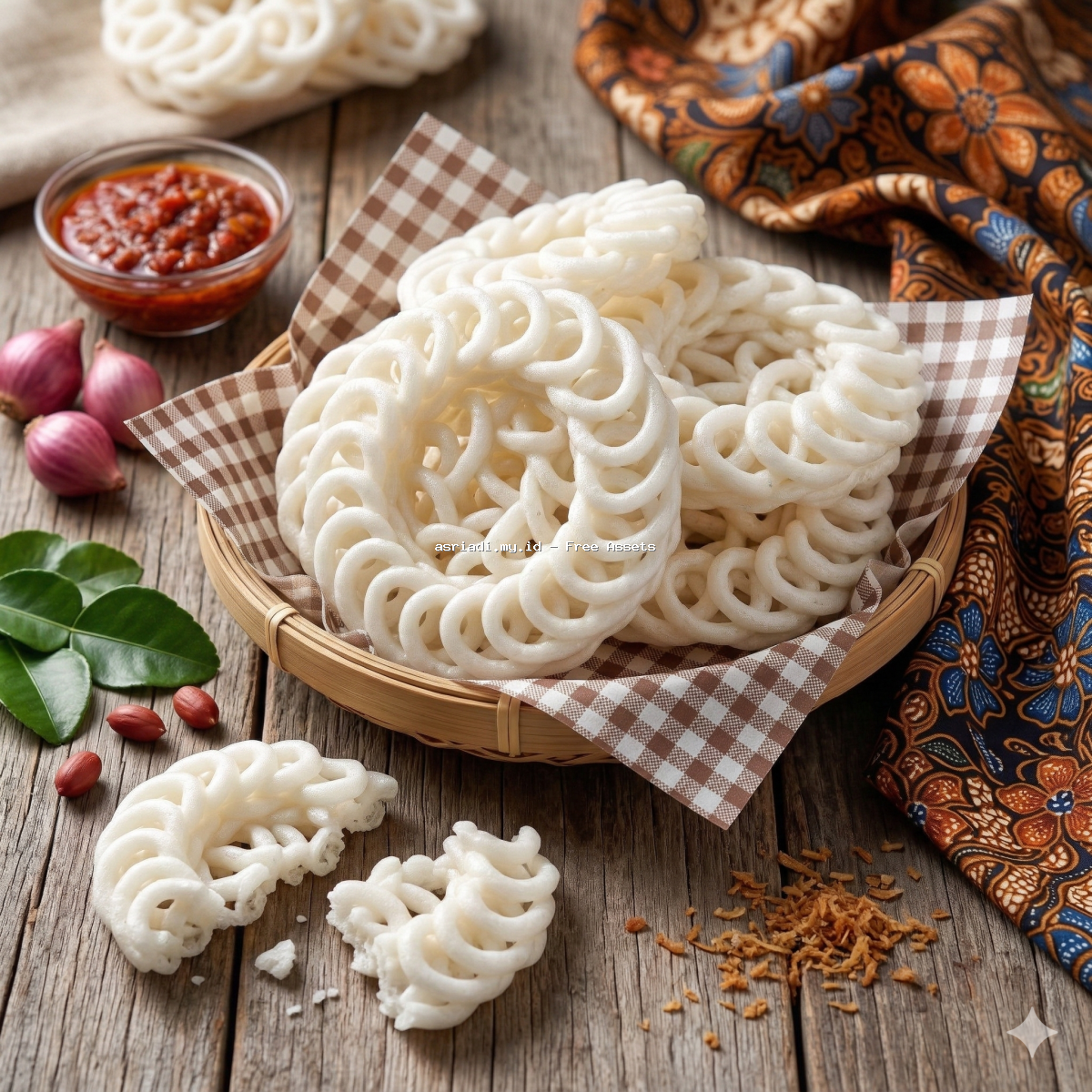Kerupuk Putih Tradisional Indonesia dengan Sambal dan Rempah di Atas Meja Kayu